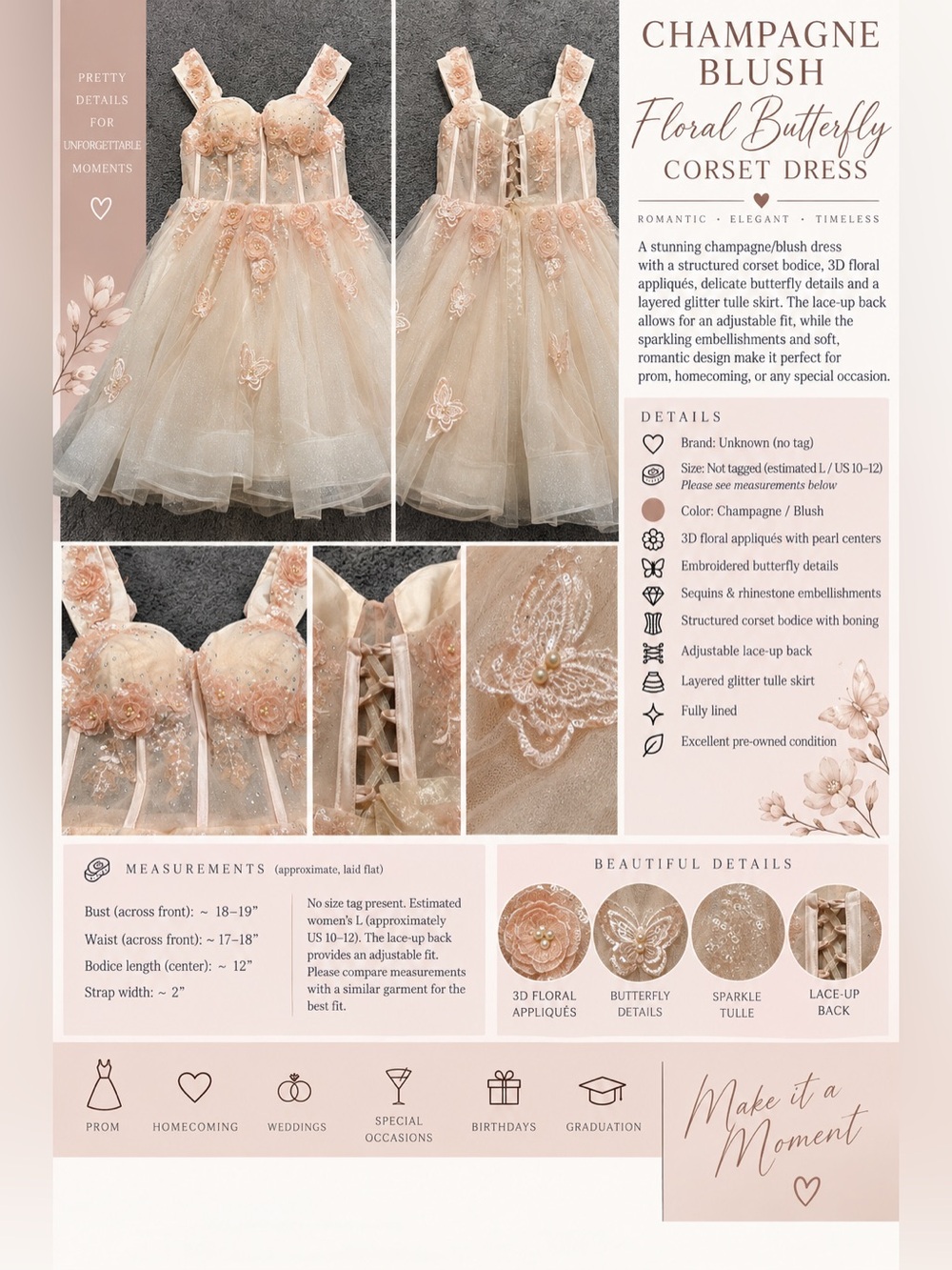3D Floral Butterfly Corset Tulle Prom Homecoming Dress Champagne Blush L